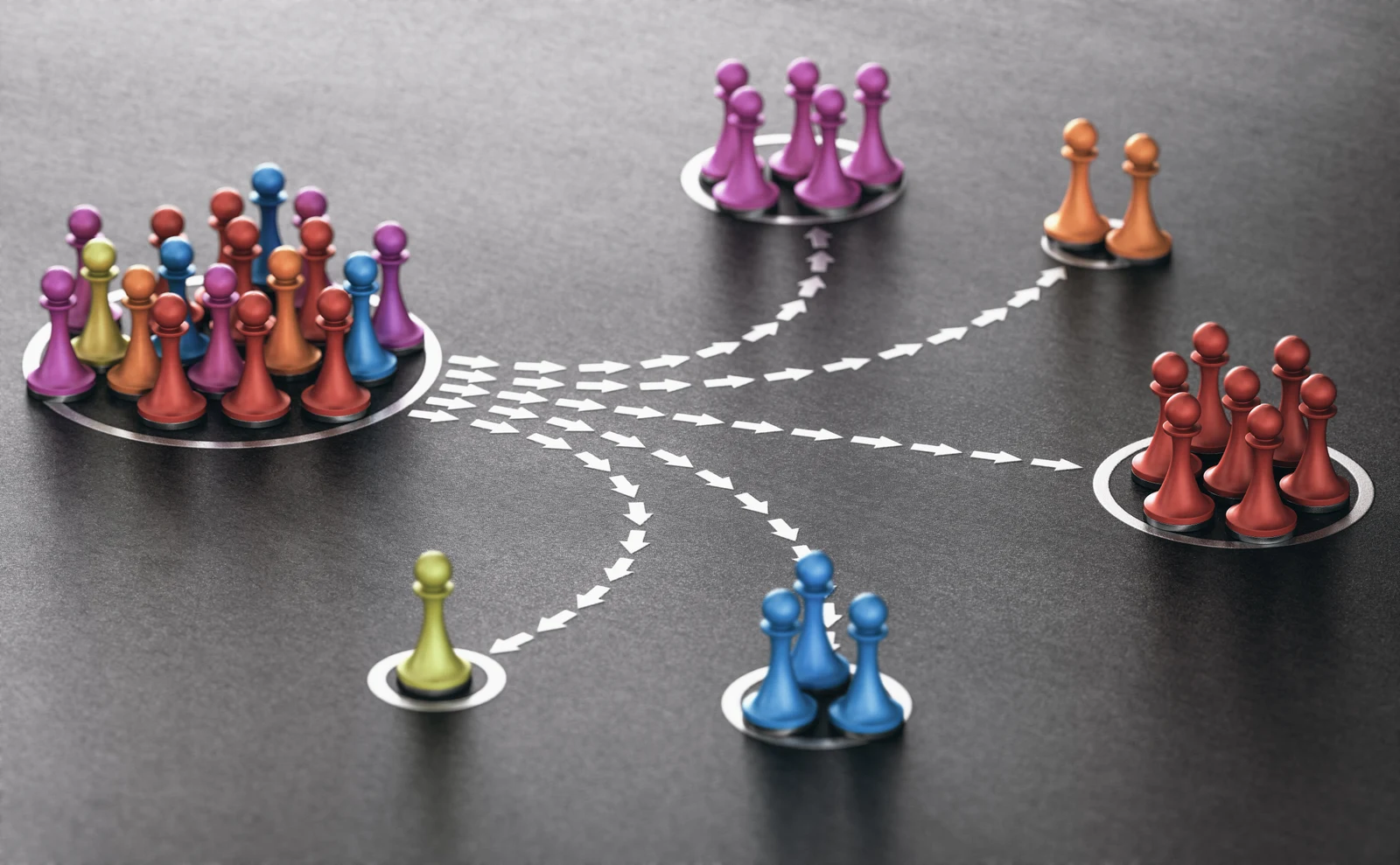 Groupes de pions reliés par des flèches illustrant les chemins d'attaque Active Directory
